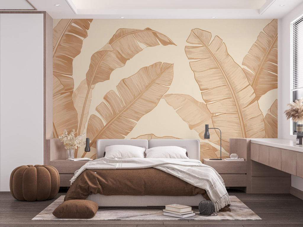 Neutral Banana Leaf Wallpaper – Oversized Tropical Botanical Wall Mural, Beige & Ivory Minimalist Leaf wall Bedroom Living Room Spa 705RS