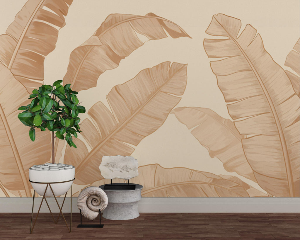 Neutral Banana Leaf Wallpaper – Oversized Tropical Botanical Wall Mural, Beige & Ivory Minimalist Leaf wall Bedroom Living Room Spa 705RS