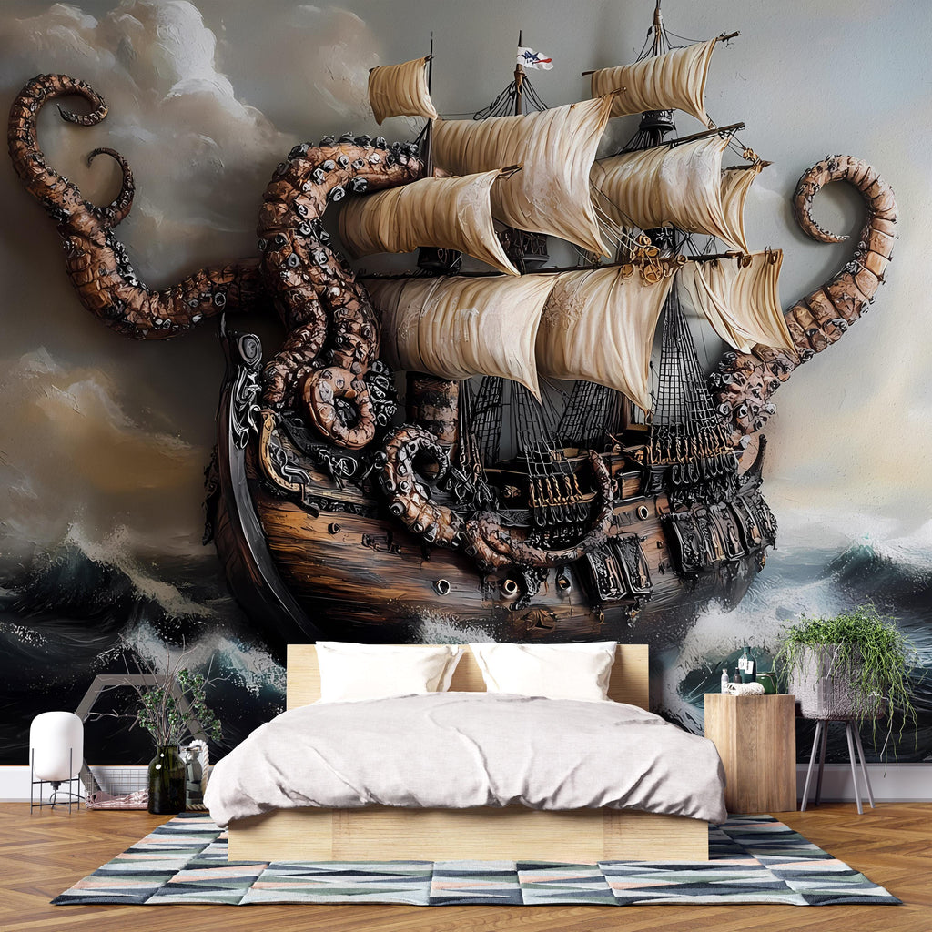 3D Kraken Pirate Ship Wallpaper – Nautical Sea Monster Wallpaper – Peel and Stick Vinyl Decal for Boys Room or Game Room