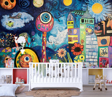 Load image into Gallery viewer, Colorful Abstract Kids Wall Mural – Surrealist Peel and Stick Wallpaper – Removable Playroom Mural for Daycare, Preschool or Art Room