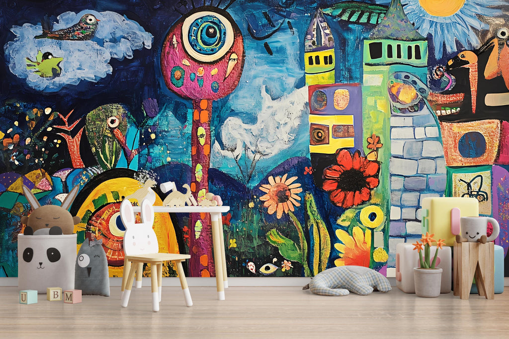 Colorful Abstract Kids Wall Mural – Surrealist Peel and Stick Wallpaper – Removable Playroom Mural for Daycare, Preschool or Art Room