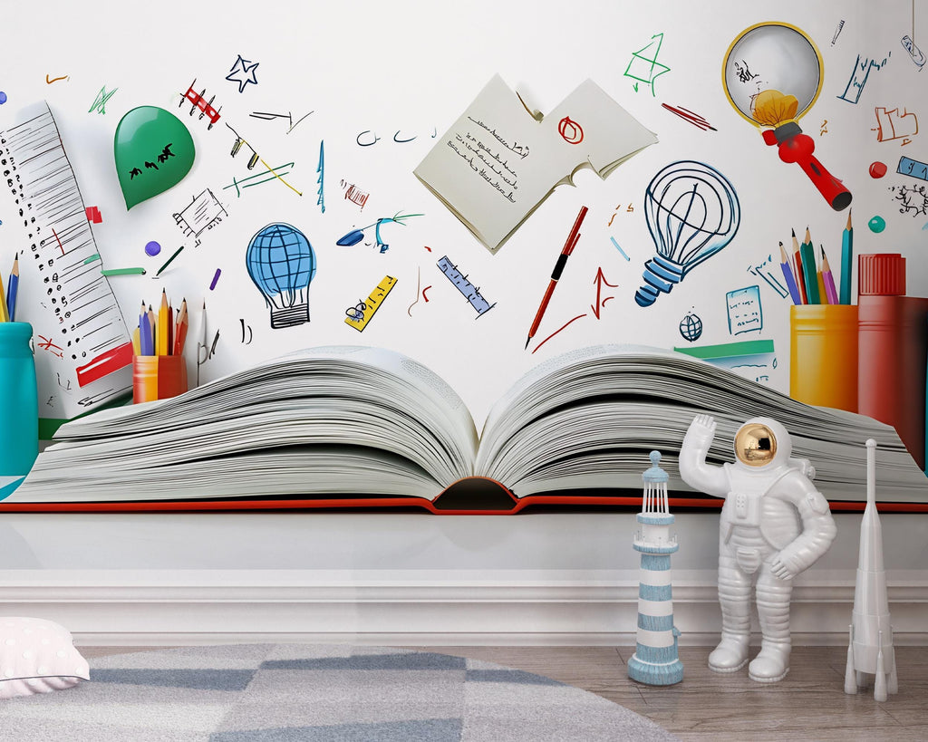 Open Book Wall Mural – Educational Peel and Stick Kids Wallpaper – Colorful Learning Mural for Classroom, Reading Nook, or Playroom Decor
