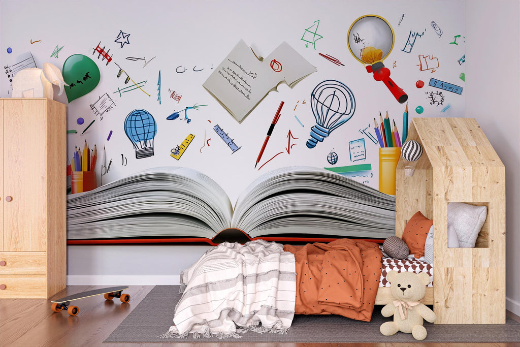 Open Book Wall Mural – Educational Peel and Stick Kids Wallpaper – Colorful Learning Mural for Classroom, Reading Nook, or Playroom Decor