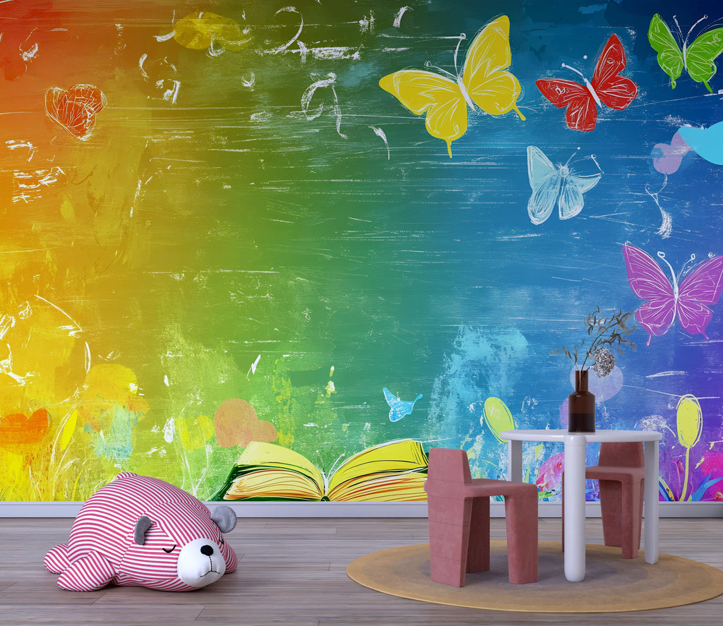 Rainbow Butterfly Wall Mural – Colorful Peel and Stick Learning Wallpaper – Open Book Mural for Playroom, Classroom or Reading Nook