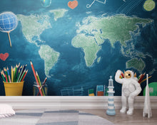 Load image into Gallery viewer, World Map Wall Mural for Kids – Chalkboard Style Peel and Stick Wallpaper – Educational Removable Mural for Learning Room or Bedroom Decor