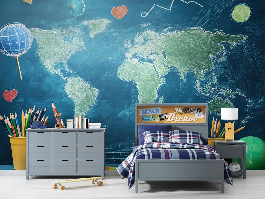 World Map Wall Mural for Kids – Chalkboard Style Peel and Stick Wallpaper – Educational Removable Mural for Learning Room or Bedroom Decor