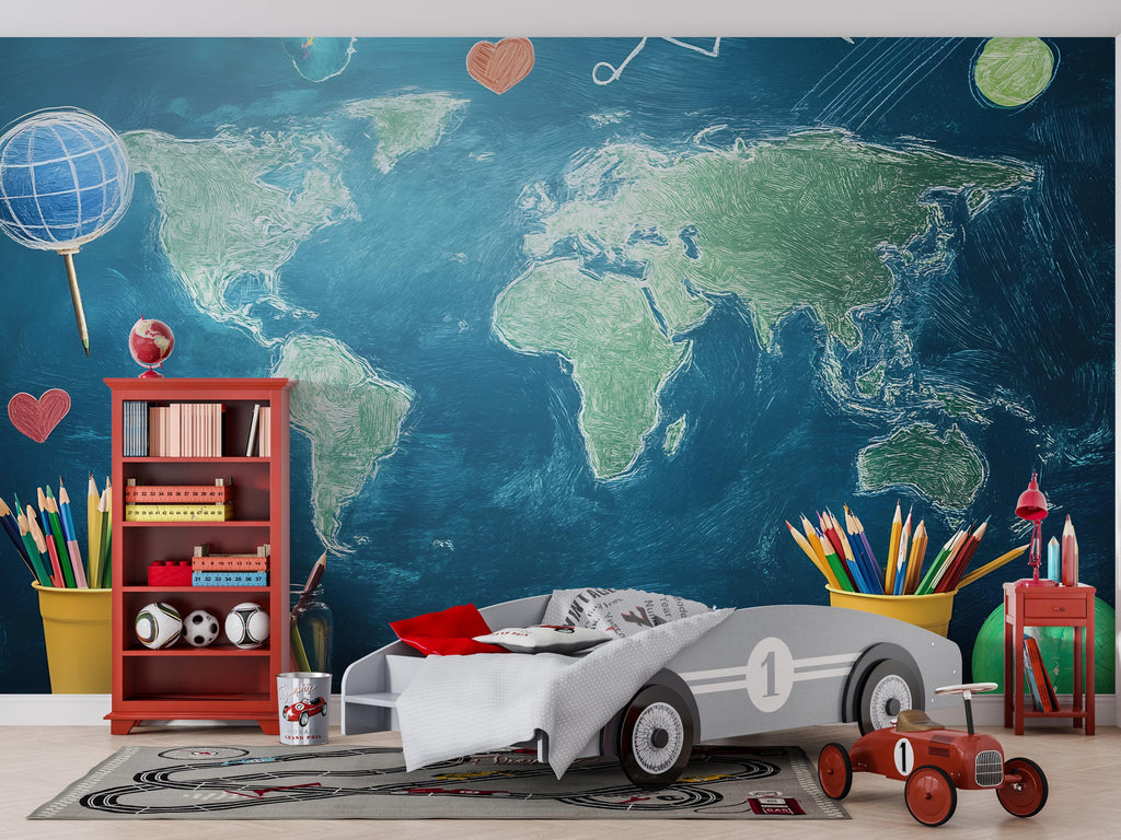 World Map Wall Mural for Kids – Chalkboard Style Peel and Stick Wallpaper – Educational Removable Mural for Learning Room or Bedroom Decor