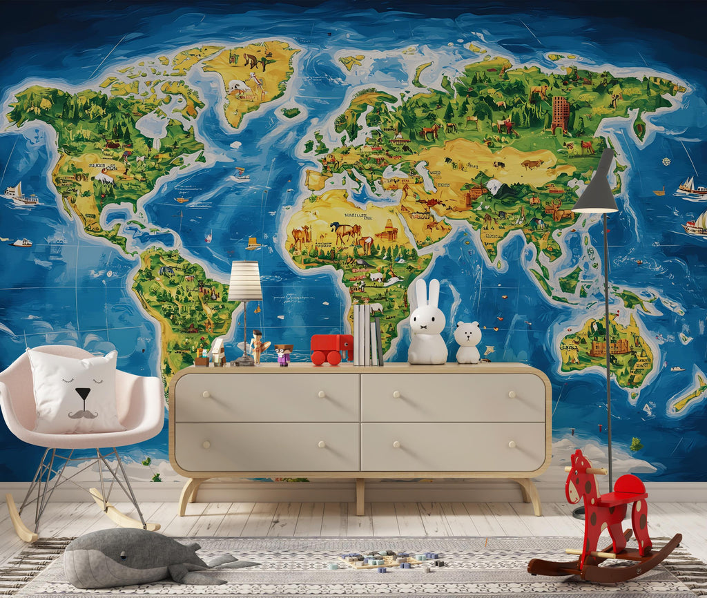 Illustrated Kids World Map Mural – Peel and Stick Educational Wallpaper – Geography Wall Art for Boys Room, Classroom or Homeschool Decor