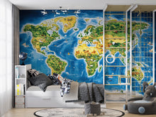 Load image into Gallery viewer, Illustrated Kids World Map Mural – Peel and Stick Educational Wallpaper – Geography Wall Art for Boys Room, Classroom or Homeschool Decor