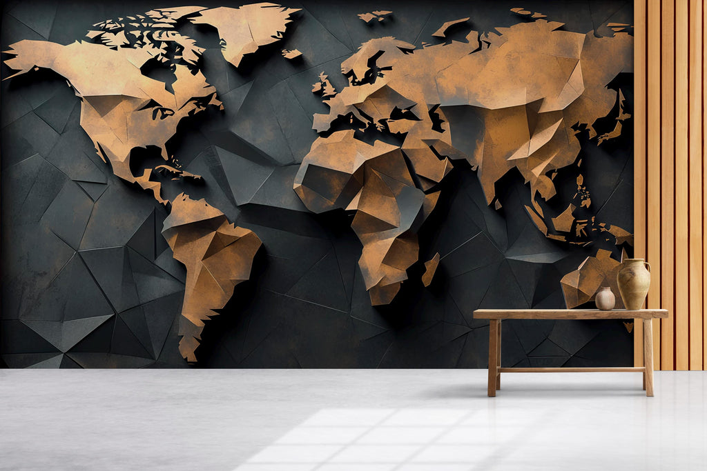 3D Geometric World Map Wall Mural – Modern Peel and Stick Wallpaper – Metallic Gold and Black Office Decor, Removable Travel Wall Art
