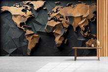 Load image into Gallery viewer, 3D Geometric World Map Wall Mural – Modern Peel and Stick Wallpaper – Metallic Gold and Black Office Decor, Removable Travel Wall Art