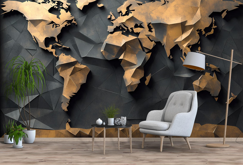 3D Geometric World Map Wall Mural – Modern Peel and Stick Wallpaper – Metallic Gold and Black Office Decor, Removable Travel Wall Art