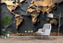 Load image into Gallery viewer, 3D Geometric World Map Wall Mural – Modern Peel and Stick Wallpaper – Metallic Gold and Black Office Decor, Removable Travel Wall Art