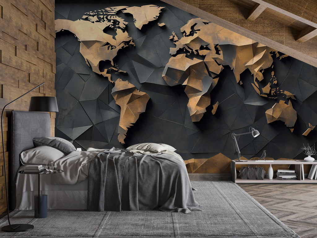 3D Geometric World Map Wall Mural – Modern Peel and Stick Wallpaper – Metallic Gold and Black Office Decor, Removable Travel Wall Art
