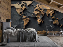 Load image into Gallery viewer, 3D Geometric World Map Wall Mural – Modern Peel and Stick Wallpaper – Metallic Gold and Black Office Decor, Removable Travel Wall Art