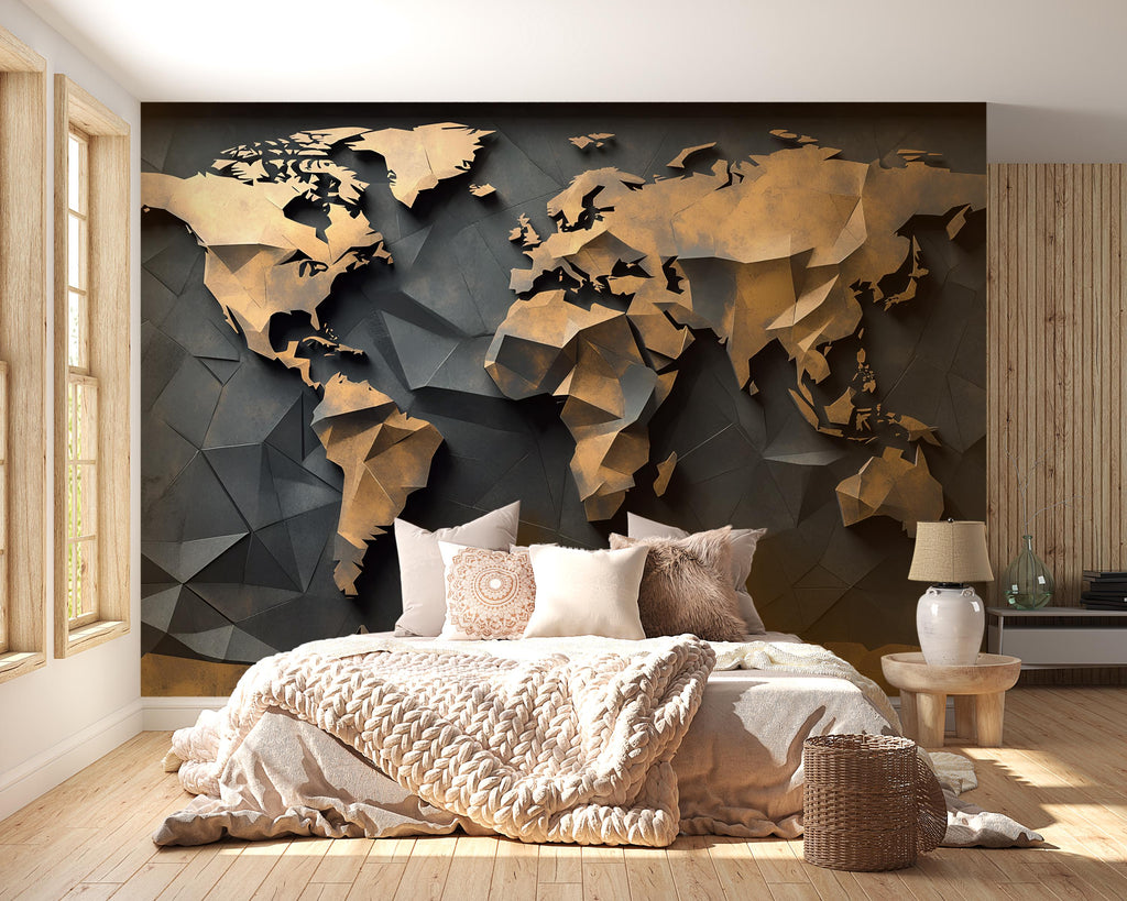 3D Geometric World Map Wall Mural – Modern Peel and Stick Wallpaper – Metallic Gold and Black Office Decor, Removable Travel Wall Art