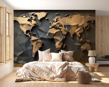Load image into Gallery viewer, 3D Geometric World Map Wall Mural – Modern Peel and Stick Wallpaper – Metallic Gold and Black Office Decor, Removable Travel Wall Art