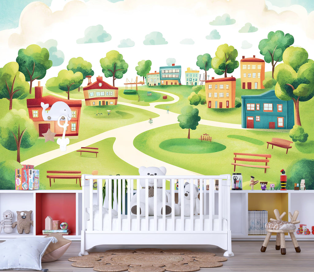 Whimsical Village Wall Mural for Kids – Peel and Stick Wallpaper for Playroom or Nursery – Colorful Town Scene, Removable Mural