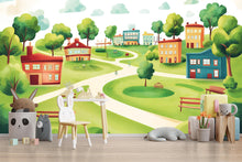 Load image into Gallery viewer, Whimsical Village Wall Mural for Kids – Peel and Stick Wallpaper for Playroom or Nursery – Colorful Town Scene, Removable Mural