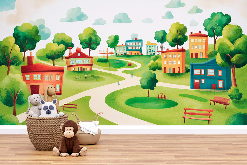 Whimsical Village Wall Mural for Kids – Peel and Stick Wallpaper for Playroom or Nursery – Colorful Town Scene, Removable Mural