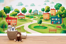 Load image into Gallery viewer, Whimsical Village Wall Mural for Kids – Peel and Stick Wallpaper for Playroom or Nursery – Colorful Town Scene, Removable Mural
