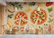 Load image into Gallery viewer, Vintage Pizzeria Wallpaper – Italian Pizza Wall Mural with Rustic Food Illustrations, Kitchen Decor Fabric Restaurant Mural 677RS