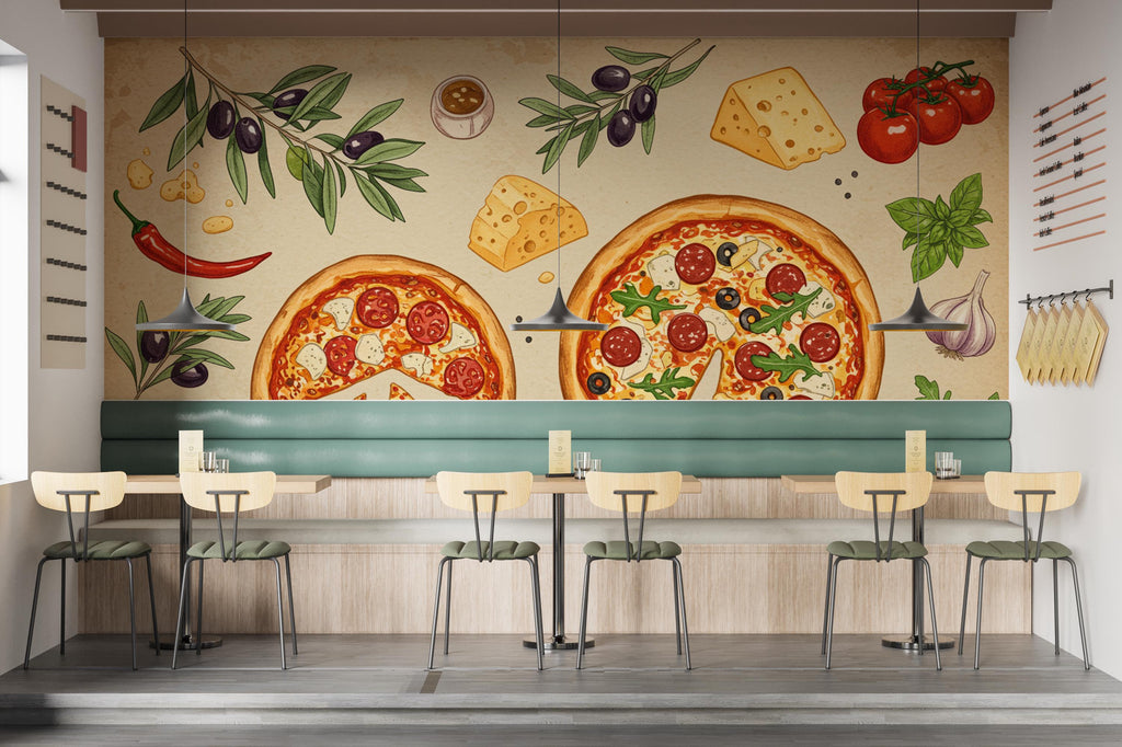 Vintage Pizzeria Wallpaper – Italian Pizza Wall Mural with Rustic Food Illustrations, Kitchen Decor Fabric Restaurant Mural 677RS