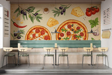Load image into Gallery viewer, Vintage Pizzeria Wallpaper – Italian Pizza Wall Mural with Rustic Food Illustrations, Kitchen Decor Fabric Restaurant Mural 677RS