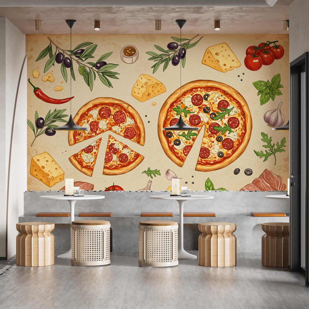 Vintage Pizzeria Wallpaper – Italian Pizza Wall Mural with Rustic Food Illustrations, Kitchen Decor Fabric Restaurant Mural 677RS