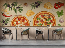 Load image into Gallery viewer, Vintage Pizzeria Wallpaper – Italian Pizza Wall Mural with Rustic Food Illustrations, Kitchen Decor Fabric Restaurant Mural 677RS