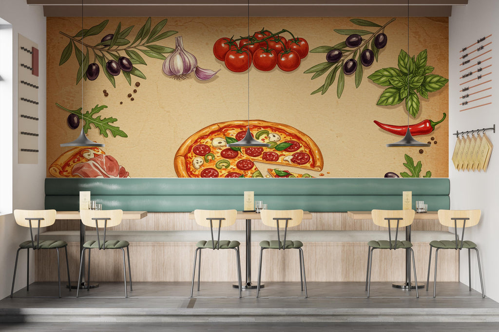 Vintage Pizzeria Wallpaper – Italian Pizza Wall Mural with Rustic Food Illustrations, Kitchen Decor Fabric Restaurant Mural 678RS
