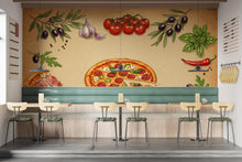 Load image into Gallery viewer, Vintage Pizzeria Wallpaper – Italian Pizza Wall Mural with Rustic Food Illustrations, Kitchen Decor Fabric Restaurant Mural 678RS