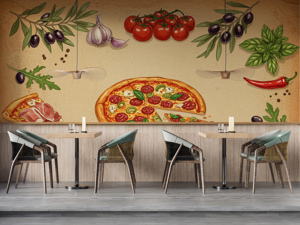 Vintage Pizzeria Wallpaper – Italian Pizza Wall Mural with Rustic Food Illustrations, Kitchen Decor Fabric Restaurant Mural 678RS