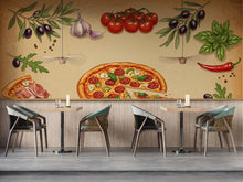 Load image into Gallery viewer, Vintage Pizzeria Wallpaper – Italian Pizza Wall Mural with Rustic Food Illustrations, Kitchen Decor Fabric Restaurant Mural 678RS