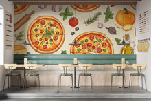 Load image into Gallery viewer, Vintage Pizzeria Wallpaper – Italian Pizza Wall Mural with Rustic Food Illustrations, Kitchen Decor Fabric Restaurant Mural 679RS