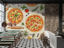 Load image into Gallery viewer, Vintage Pizzeria Wallpaper – Italian Pizza Wall Mural with Rustic Food Illustrations, Kitchen Decor Fabric Restaurant Mural 679RS