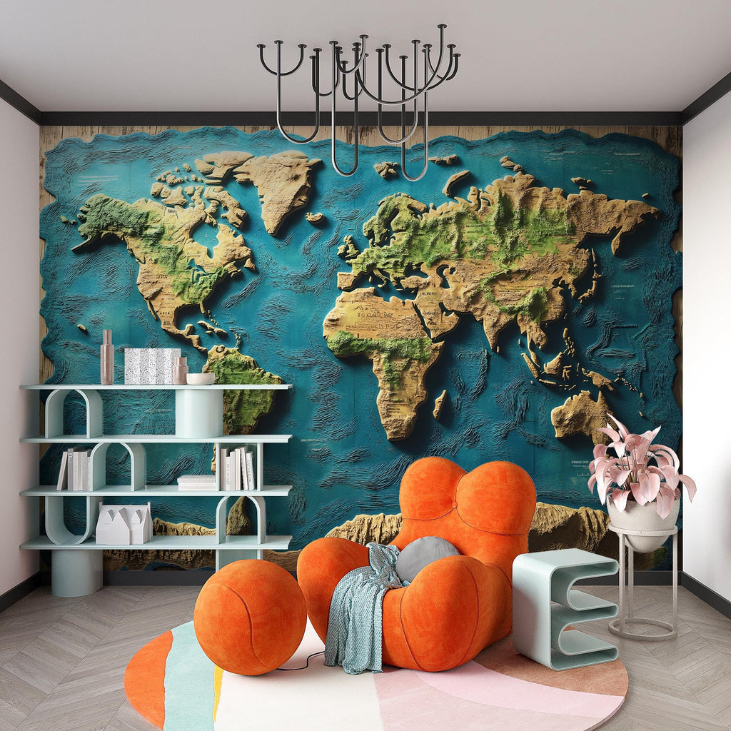 3D World Map Wall Mural for Office or Study Room – Topographic Earth Wallpaper, Textured Globe Art, Large Vintage Map Wall Decor