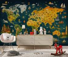 Load image into Gallery viewer, Colorful Animal World Map Mural for Kids Room – Illustrated Educational Wallpaper for Boys &amp; Girls – Removable Peel and Stick