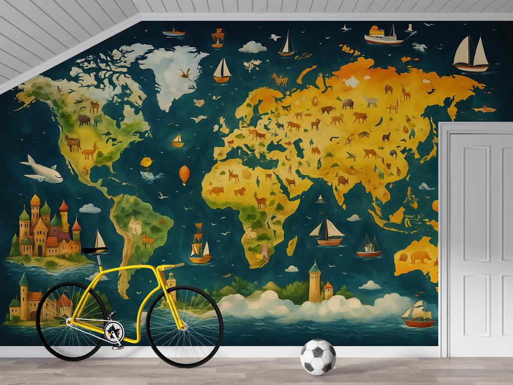 Colorful Animal World Map Mural for Kids Room – Illustrated Educational Wallpaper for Boys & Girls – Removable Peel and Stick