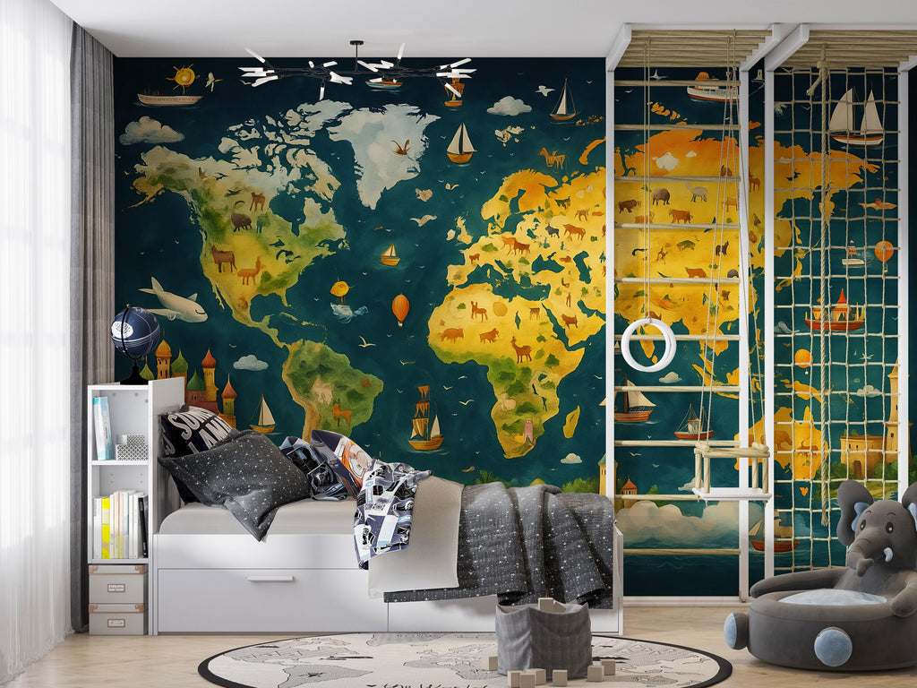 Colorful Animal World Map Mural for Kids Room – Illustrated Educational Wallpaper for Boys & Girls – Removable Peel and Stick
