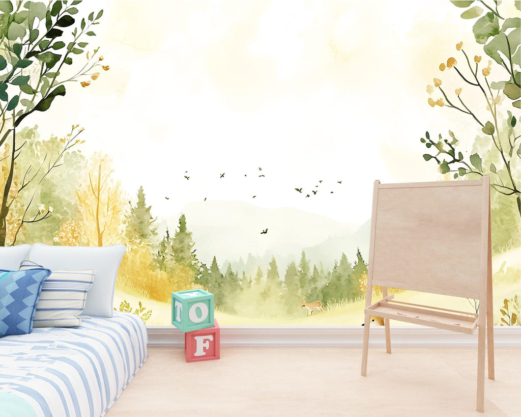 Woodland Forest Deer Wallpaper – Peel and Stick Wallpaper for Kids Room, Woodland Theme, Removable Nursery Wall Art