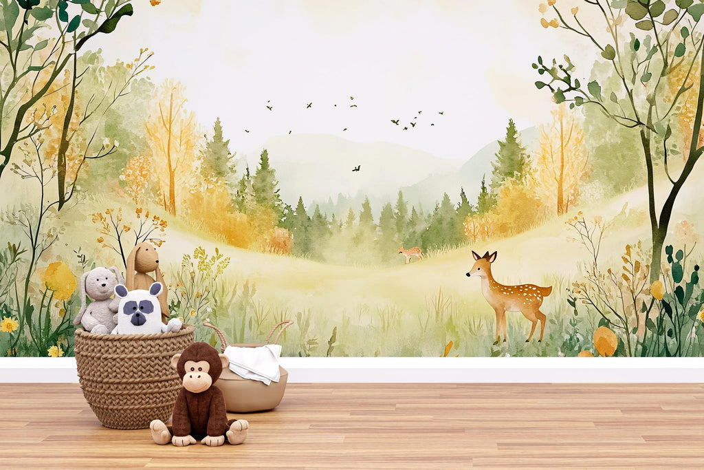 Woodland Forest Deer Wallpaper – Peel and Stick Wallpaper for Kids Room, Woodland Theme, Removable Nursery Wall Art