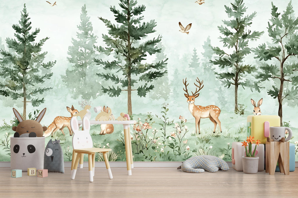 Woodland Forest Animal Wallpaper – Deer & Bunny Nursery Wallpaper – Peel and Stick Removable Kids Room Décor – Nature Woodland Backdrop