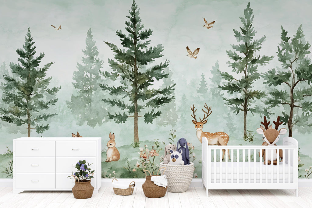 Woodland Forest Animal Wallpaper – Deer & Bunny Nursery Wallpaper – Peel and Stick Removable Kids Room Décor – Nature Woodland Backdrop