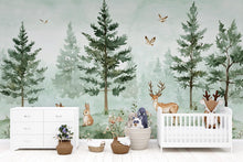 Load image into Gallery viewer, Woodland Forest Animal Wallpaper – Deer &amp; Bunny Nursery Wallpaper – Peel and Stick Removable Kids Room Décor – Nature Woodland Backdrop
