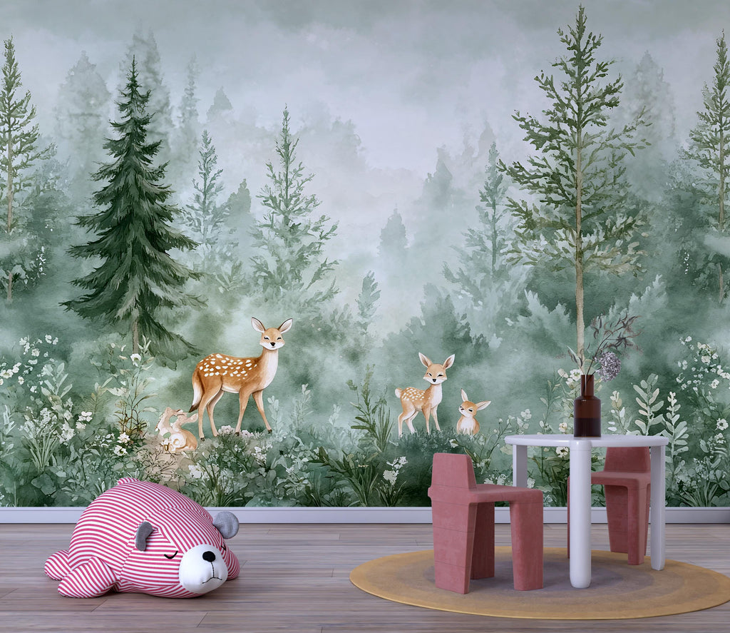 Woodland Forest Animal Wallpaper – Peel and Stick Deer Wallpaper for Nursery or Kids Room – Removable Nature Scene Wall Décor