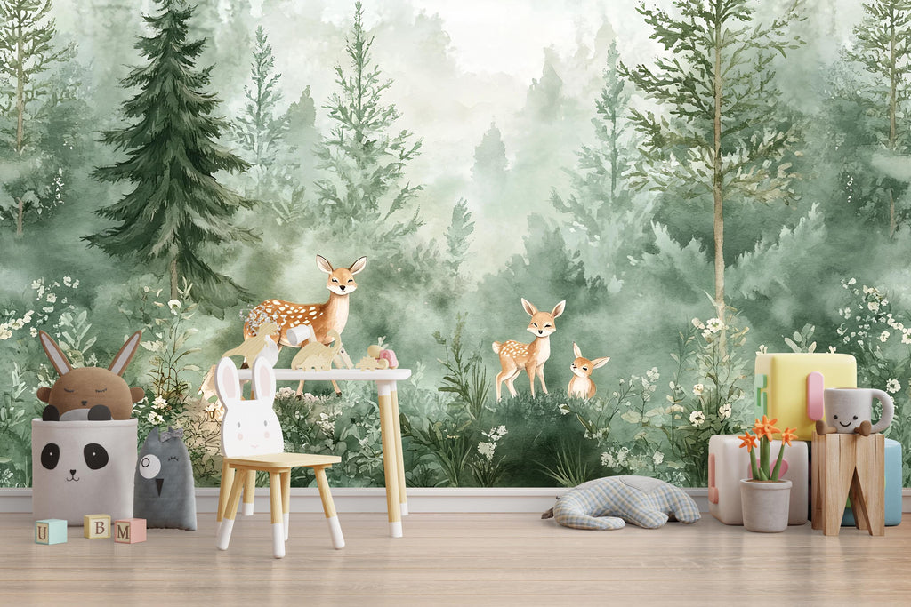 Woodland Forest Animal Wallpaper – Peel and Stick Deer Wallpaper for Nursery or Kids Room – Removable Nature Scene Wall Décor