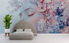 Load image into Gallery viewer, Fantasy Floral Face Wall Mural – Dreamy Portrait Wallpaper for Bedroom or Studio, Soft Pastel Bloom Face Art, Peel and Stick Large-Scale
