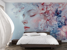 Load image into Gallery viewer, Fantasy Floral Face Wall Mural – Dreamy Portrait Wallpaper for Bedroom or Studio, Soft Pastel Bloom Face Art, Peel and Stick Large-Scale