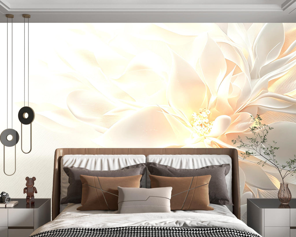 3D Cream Flower Wallpaper – Elegant Peel and Stick Floral Wallpaper for Bedroom, Soft Beige Petal Wall Decor, Modern Bloom Mural